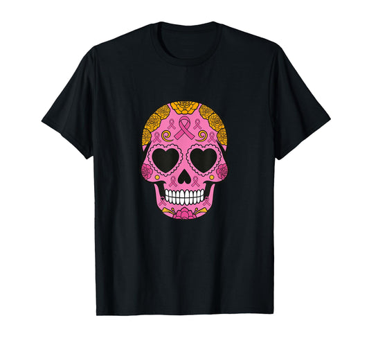 Sugar Skull Breast Cancer Awareness Pink Ribbon Calavera T-Shirt