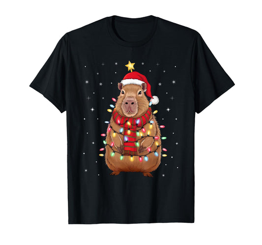 Christmas Capybara With Santa Hat Xmas Lights Tree T-Shirt