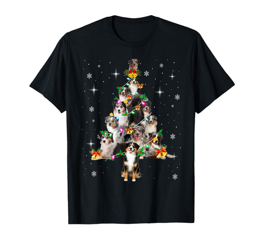 Miniature American Shepherd Christmas Tree Lights Pajama Dog T-Shirt