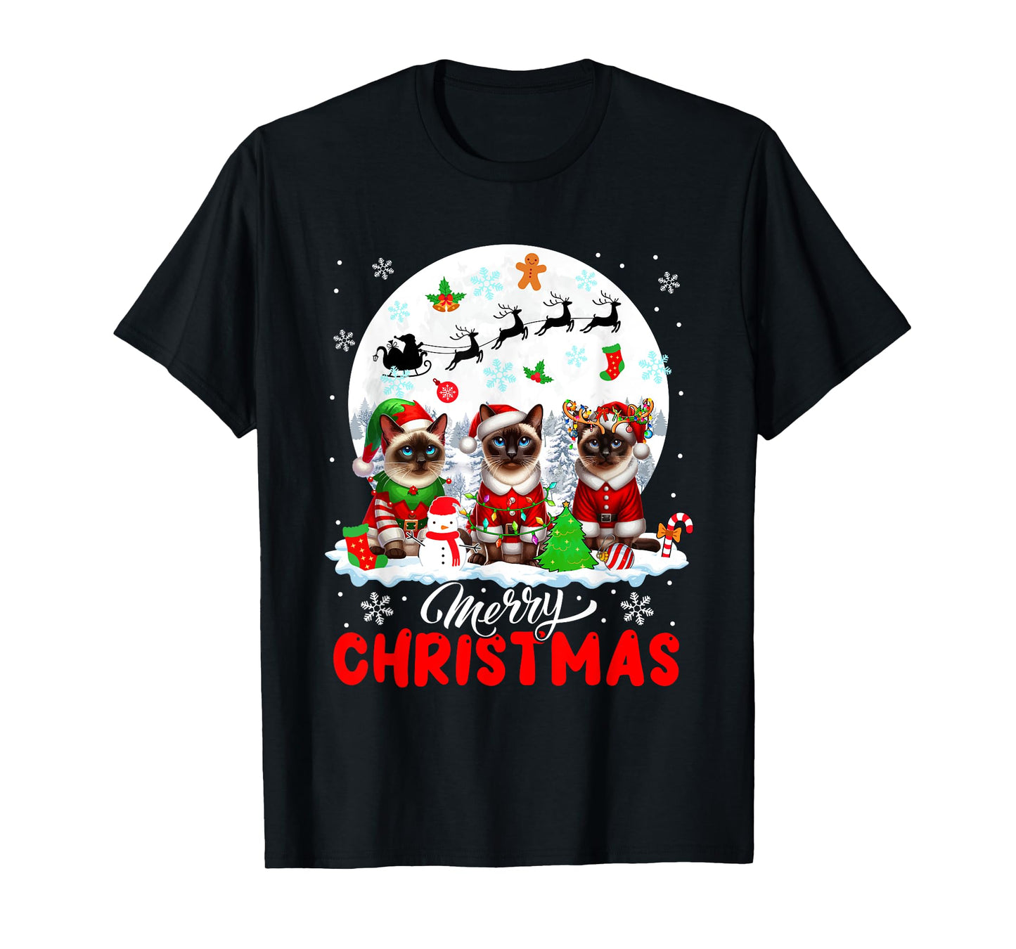 Merry Christmas Three Santa Elf Reindeer Siamese Cats Owner T-Shirt