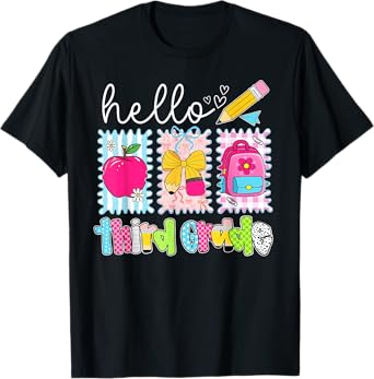 Back To School Hello Third Grade Teacher Coquette Pencil Bow T-Shirt