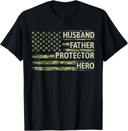Mens Husband Father Protector Hero Camo American Flag Fathers Day T-Shirt