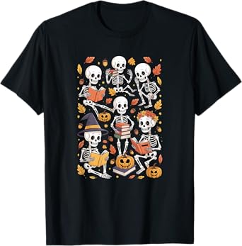 Group Skeletons Reading Books Halloween Collection Bookworm T-Shirt