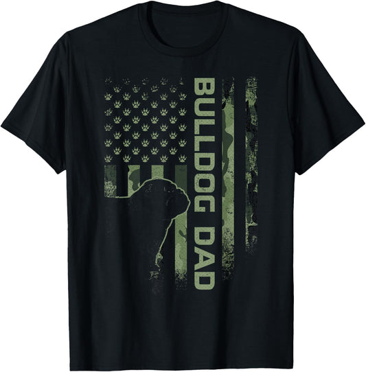 Vintage USA Camo Flag Proud English Bulldog Dad Silhouette T-Shirt