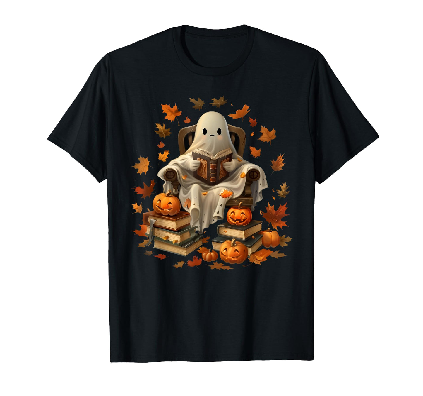 Vintage Ghost Book Reading Pumpkin Gothic Halloween Teachers Men Women Kids T-Shirt