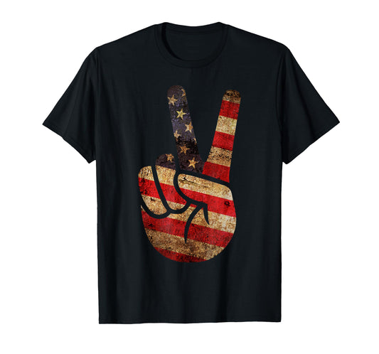 Vintage US American Flag Peace Sign Hand 4th Of July T-Shirt