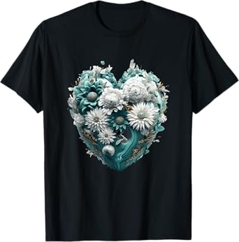 Cute Teal Heart Graphic Made of Flowers For Women Girls T-Shirt