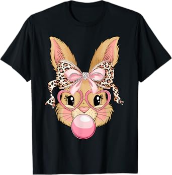 Cute Bunny Rabbit Face Leopard Glasses Girl Happy Easter Day T-Shirt