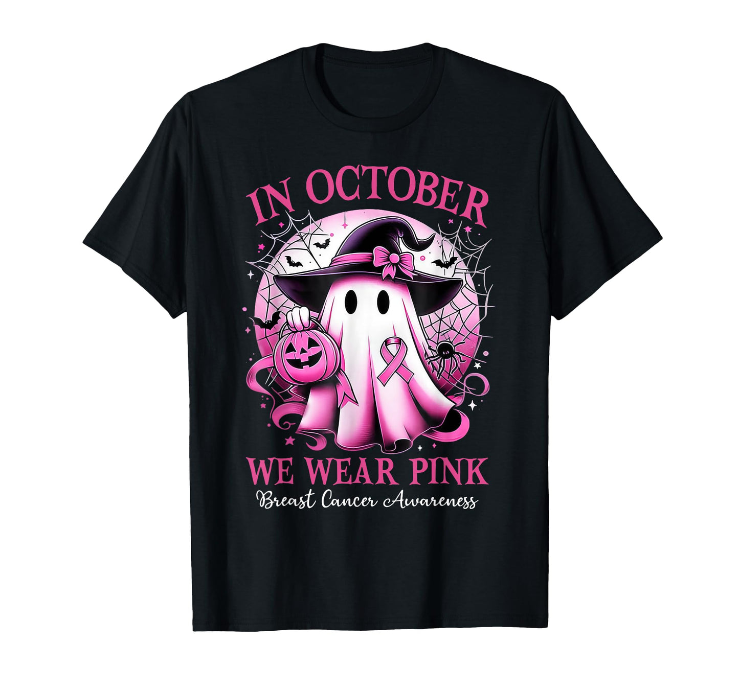 In October We Wear Pink Witch Ghost Breast Cancer Awareness T-Shirt