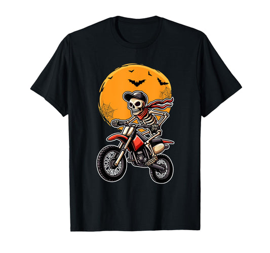 Skeleton Riding Dirt Bike Halloween Candies Carved Pumpkin T-Shirt