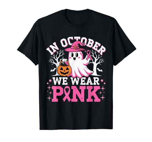In October We Wear Pink Witch Ghost Halloween Breast Cancer T-Shirt