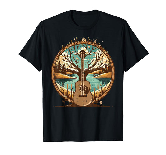 Acoustic Guitar Tree Lake Art Retro Guitarist Women Men Kids T-Shirt