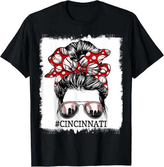 Cute Messy Bun Cincinnati Retro Baseball Lover Game Day T-Shirt