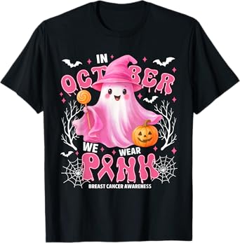 In October We Wear Pink Ghost Witch Breast Cancer Awareness T-Shirt