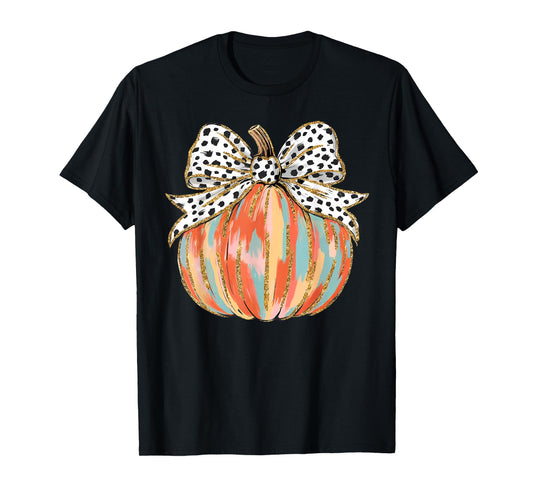Coquette Bow Pumpkin Season Autumn Fall Leaves Thanksgiving T-Shirt