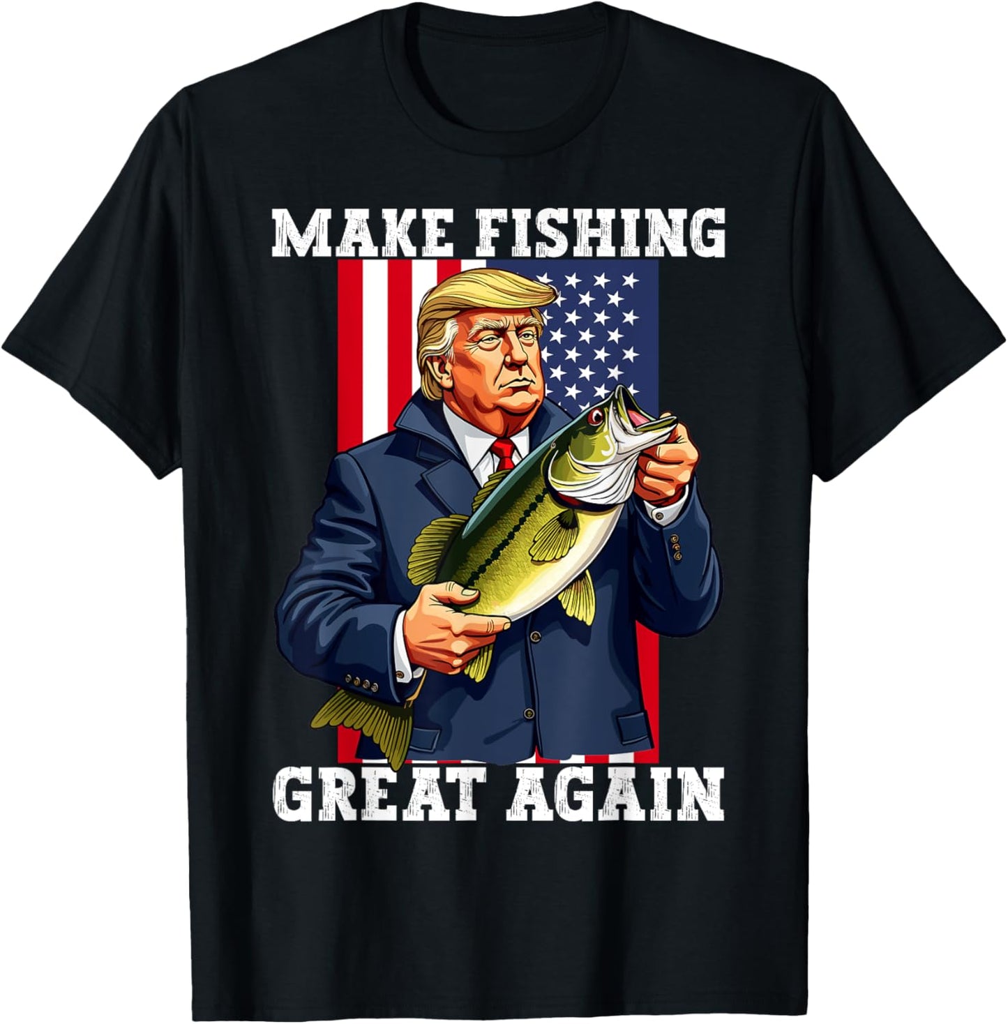 Patriotic Fisherman 'Make Fishing Great Again' Funny Bass Fishing Humor Trump T-Shirt - Black, Unisex-Adults, Short Sleeve, Classic Fit, Cotton Blend, Small