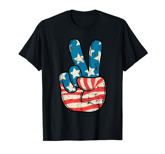 USA Flag Peace Sign Hand 4th of July Patriotic Men Boys T-Shirt