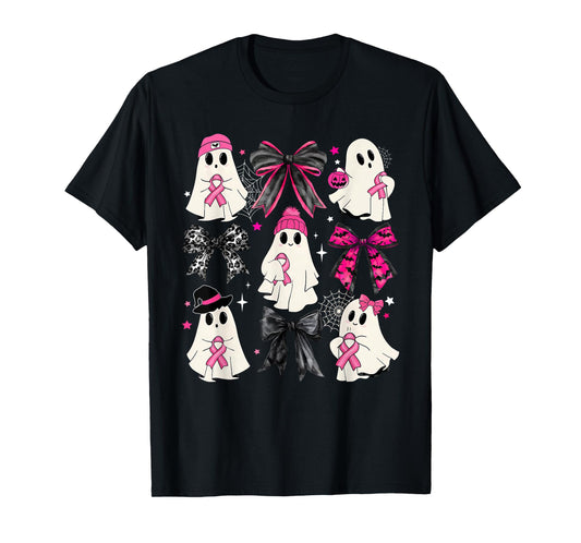 Ghost Halloween Pink Coquette Bow Breast Cancer Awareness T-Shirt