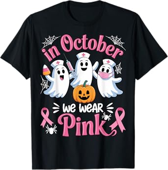 In October We Wear Pink Pumpkin Spooky Halloween Nurse T-Shirt