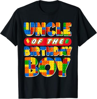Uncle Birthday Boy Building Bricks Family Party Decoration T-Shirt