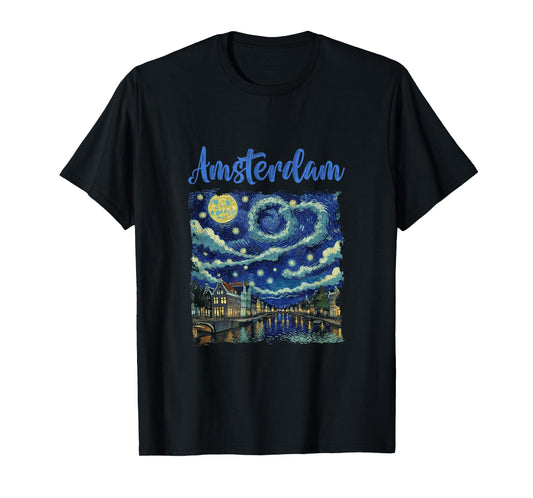 Vintage Amsterdam Canal Street At Night Van Gogh Art Style T-Shirt