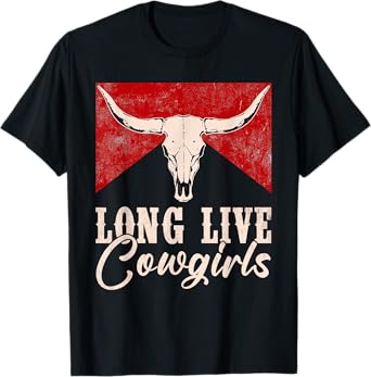 Long Live Vintage Western Bull-Skull Cowgirls Retro T-Shirt