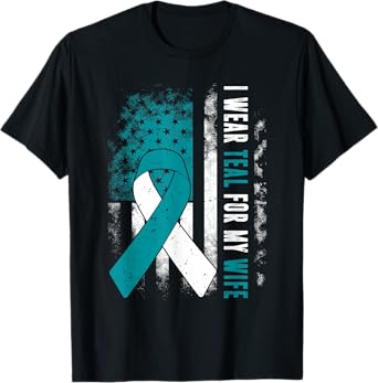 I Wear Teal For My Wife Cervical Cancer Husband USA Flag T-Shirt