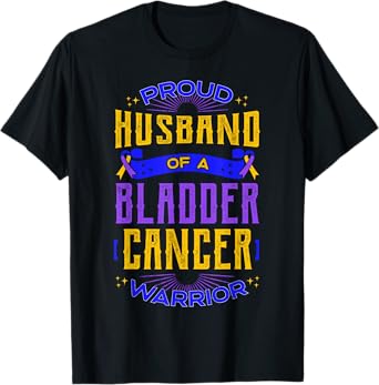 Proud Husband Bladder Cancer Purple Blue And Yellow Ribbon T-Shirt