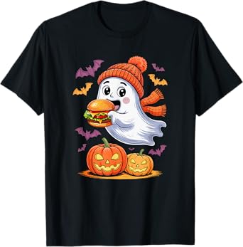 Cute Boo Ghost Eating Hamburger Halloween Food Lover Kids T-Shirt