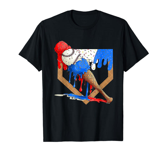 4th Of July Baseball Drip Ice Cream Patriotic American Flag T-Shirt