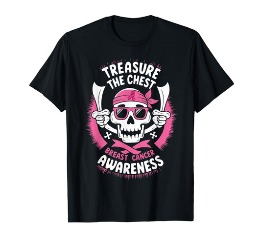 Pink Ribbon Breast Cancer Pirate Skull Treasure the Chest T-Shirt