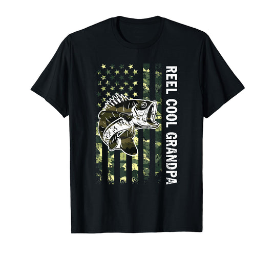 Reel Cool Grandpa Camouflage American Flag Fathers Day T-Shirt