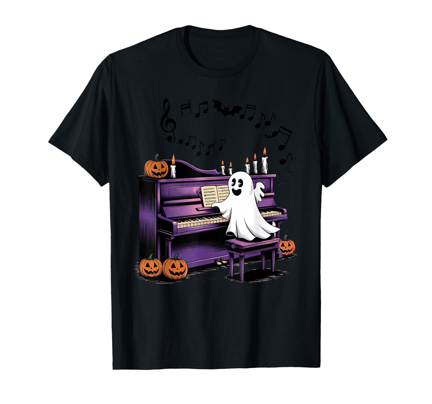 Spooky Halloween Ghost Playing Piano Pianist Musical Lovers T-Shirt