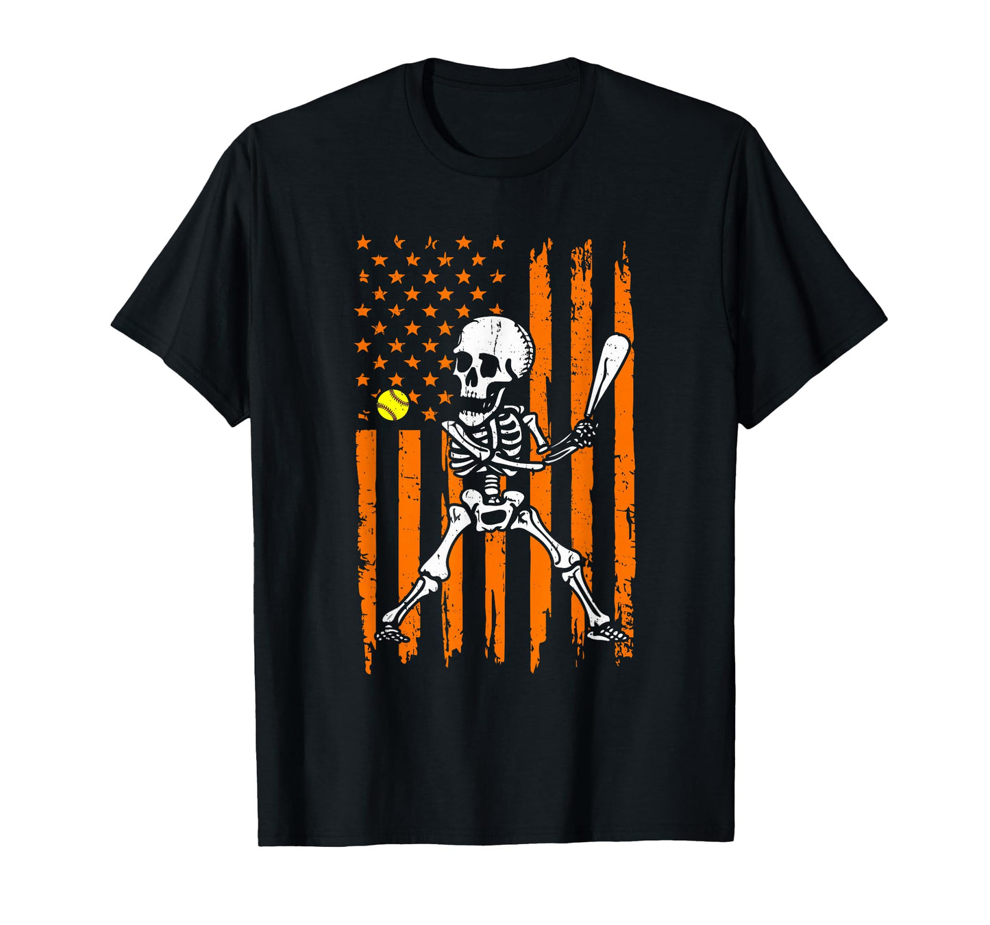 Retro Skeleton Playing Softball USA Flag Halloween Boys Kids T-Shirt