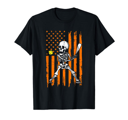 Retro Skeleton Playing Softball USA Flag Halloween Boys Kids T-Shirt