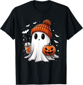 Cute Ghost Drinking Coffee Halloween Ghost Ice Coffee Womens T-Shirt