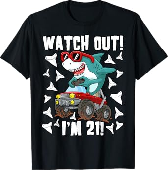 21 Years Old 21st Birthday Shark Boy Monster Truck Gamer T-Shirt