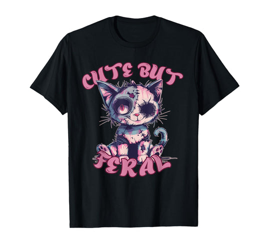 Cute But Feral Zombie Voodoo Cat Halloween Spooky T-Shirt for Men Women Kids