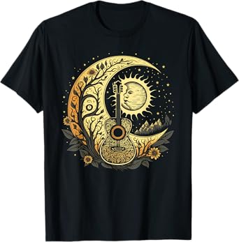 Cottagecore Acoustic Guitar With Moon Sun And Stars T-Shirt