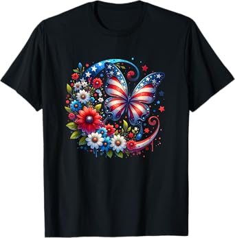American Flag Red White Blue Butterfly Design Women Men T-Shirt