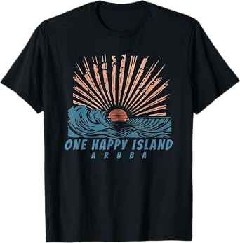 One Happy Island Aruba Sun Rays Waves Vintage Hand Drawn T-Shirt