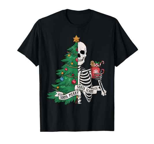 Funny Christmas Sorta Merry Sorta Scary Skeleton Xmas Tree T-Shirt