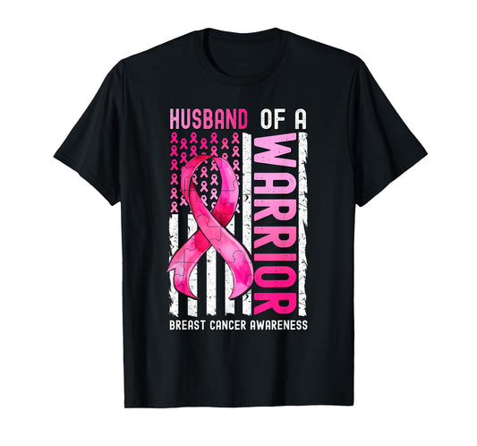 Husband Of A Warrior Breast Cancer USA Flag Awareness Pink T-Shirt