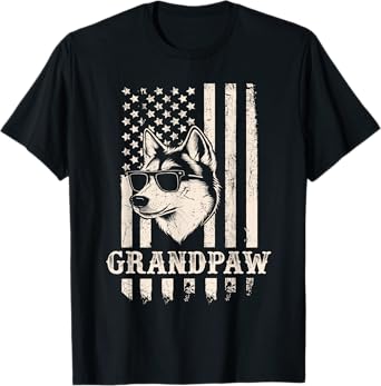 Grandpaw Husky American Flag Sunglasses Retro Dog Grandpa T-Shirt