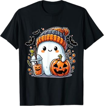 Cute Ghost with Beanie Pumpkin and Coffee T-Shirt