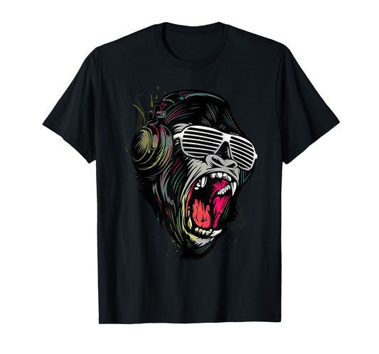Cool Wild Illustration Monkey Listen To The Music Graphic T-Shirt