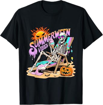 Summerween Vibes Skeleton Pumpkin Spooky Vacation T-Shirt