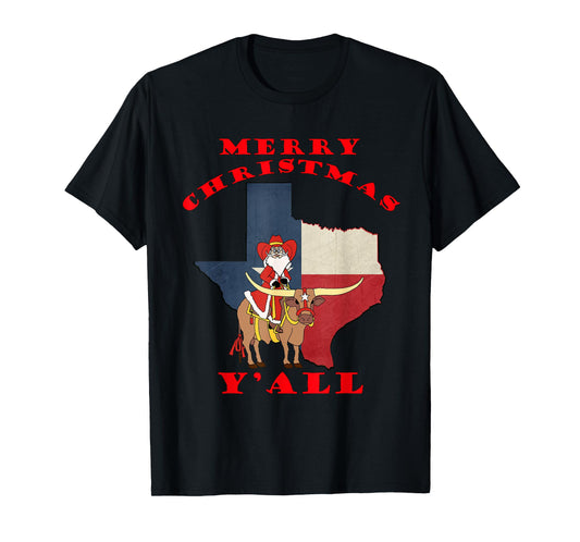 Texas Merry Christmas Y'all Santa On Bull Design T-Shirt