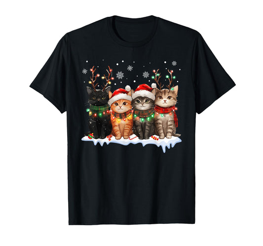 Cat Christmas Light Reindeer Santa Christmas Cat Lover T-Shirt for Men Women Kids