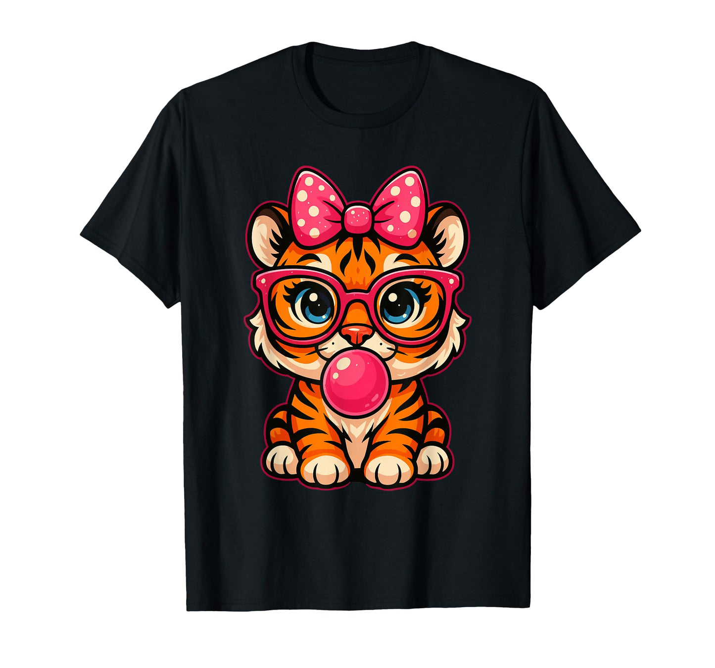 Funny Tiger Glasses Blowing Bubble Gum Bow Cute Tiger T-Shirt